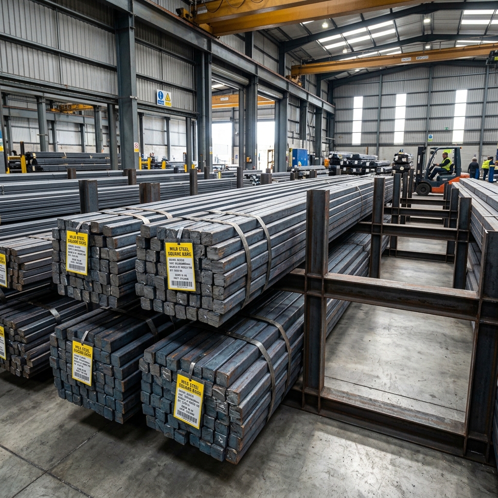 Mild Steel Square Bars bundles stacked in steel warehouse yard - mssquarebar.com
